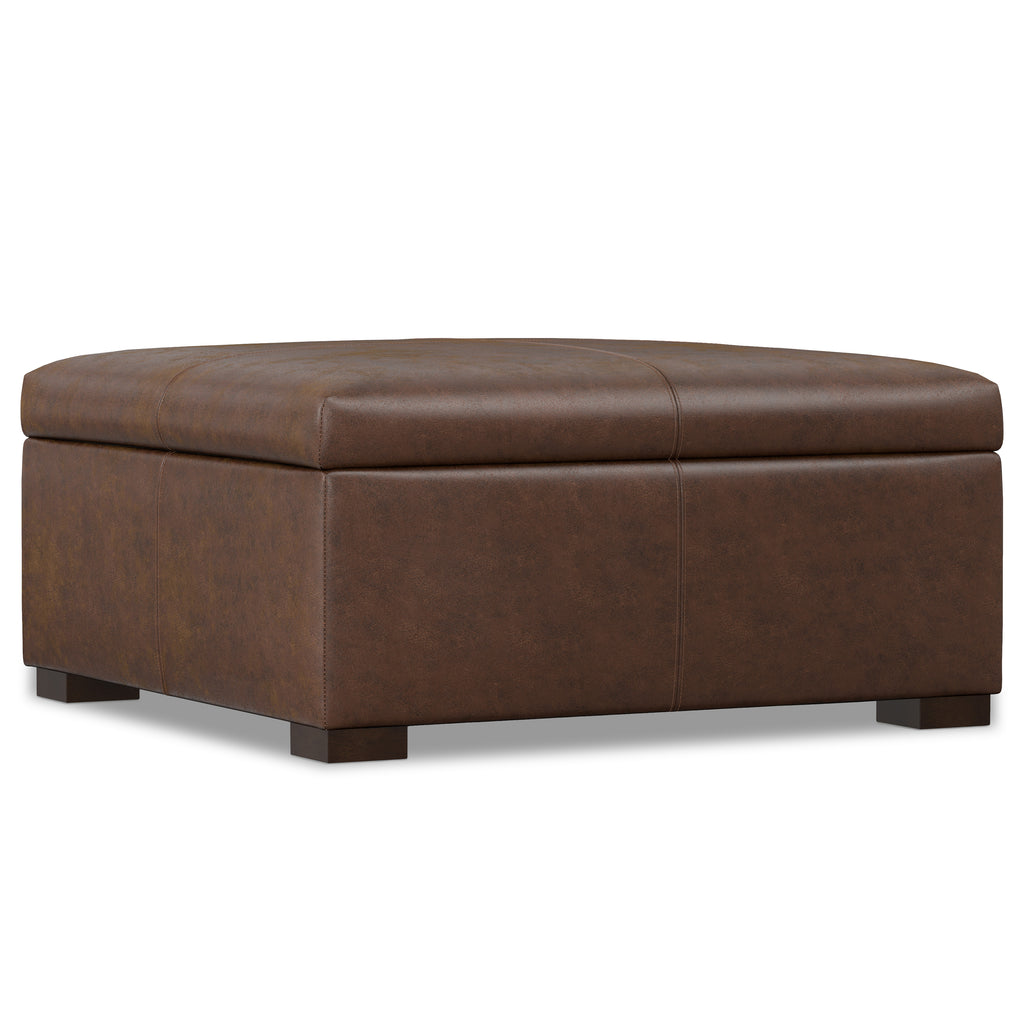 Gabbie Square Coffee Table Storage Ottoman in Distressed Chestnut Brown Vegan Leather, 36 inch Wide with Solid Wood Frame and Lift-Up Storage