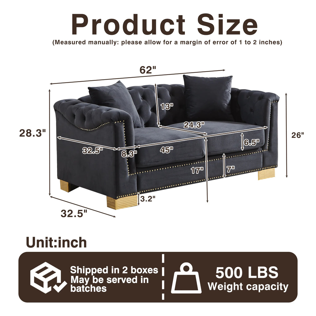 {Video] Classic Modern Style Sofa, 62-inch Chesterfield Classic Rolled Arm Tucked-in Nailhead Decor Cloud Two-Seater Velvet Sofa, Luxury Double Sofa Suitable for Living Room, Bedroom, Apartment, - Eloy Royal