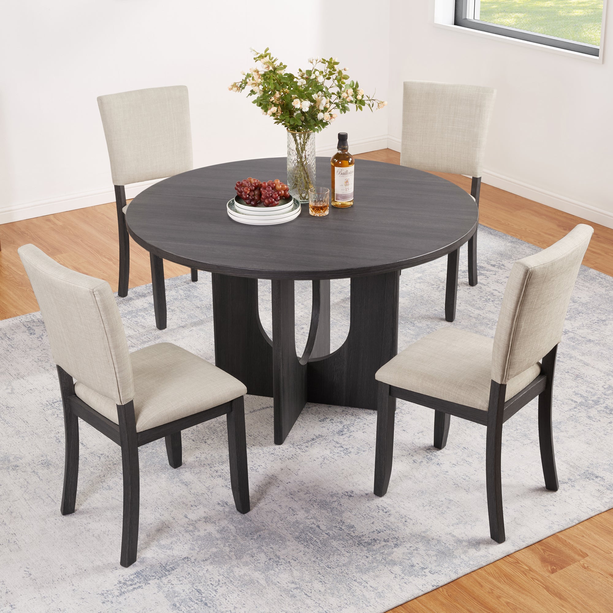 47.3' Round Dining Set with 4  Upholstered Dining Chairs, Modern Round Dining Table Set for 4, 5-Piece Round Dining Table Set for Living Room, Kitchen, Antique Black & Beige