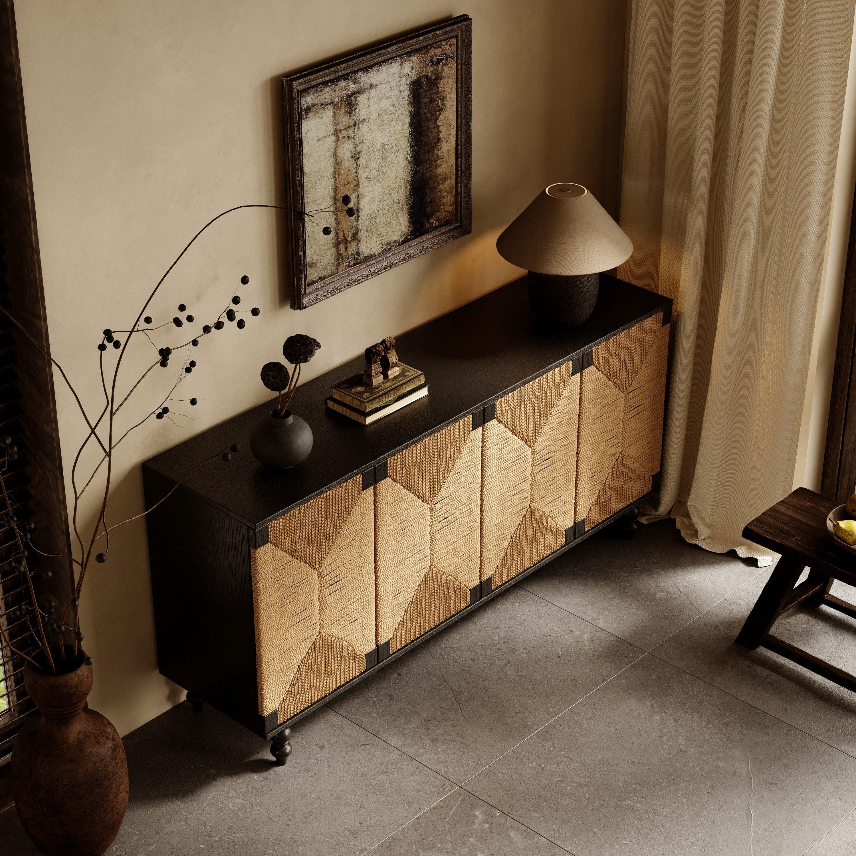 Accent Natural Sideboard Buffet Cabinet Storage Wood TV Stand in Wire-Brushed and Seagrass Doors Sideboard, for Hallway, Entryway or Dining Room - Eloy Royal