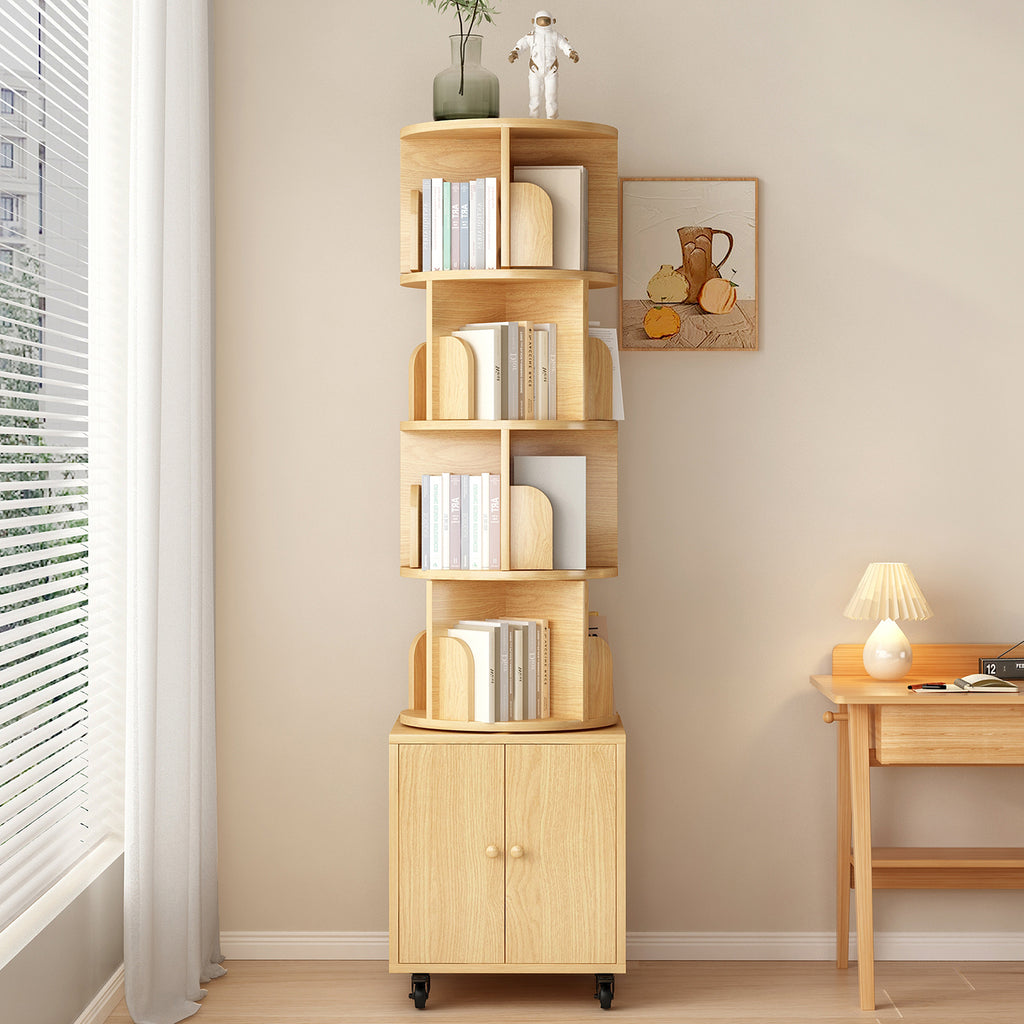 Rotating Bookshelf, 360 Degree Display 5 Tier Corner Bookshelf with Drawer for Small Space, Floor Standing Bookcase Storage Rack, Wood Narrow Book Shelf Organizer for Bedroom, Living Room ( NW Color )