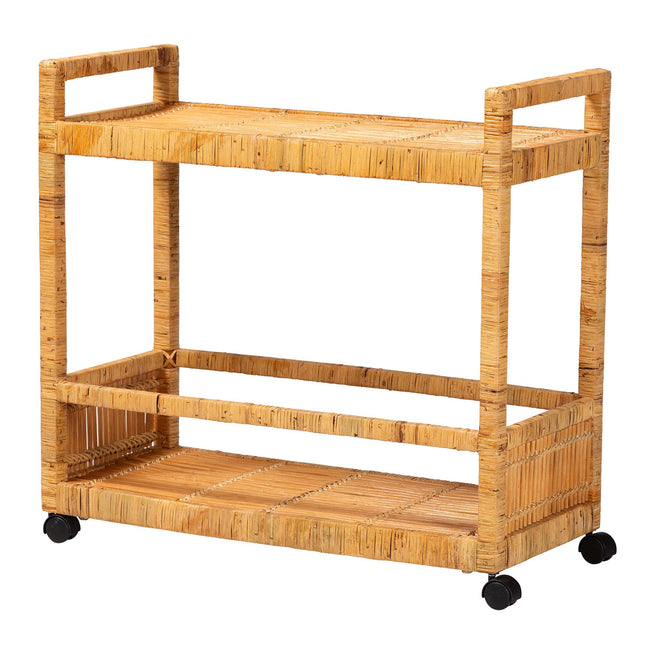 Modern Bohemian Natural Brown Rattan and Teak Wood 2-Tier Kitchen Cart