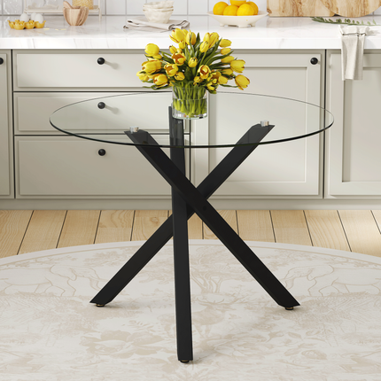 Round Glass Dining Table: 39' Diameter, 30' Height, X-Shaped Metal Frame, Perfect for Dining Room, Kitchen & Small Spaces, Stylish & Functional.