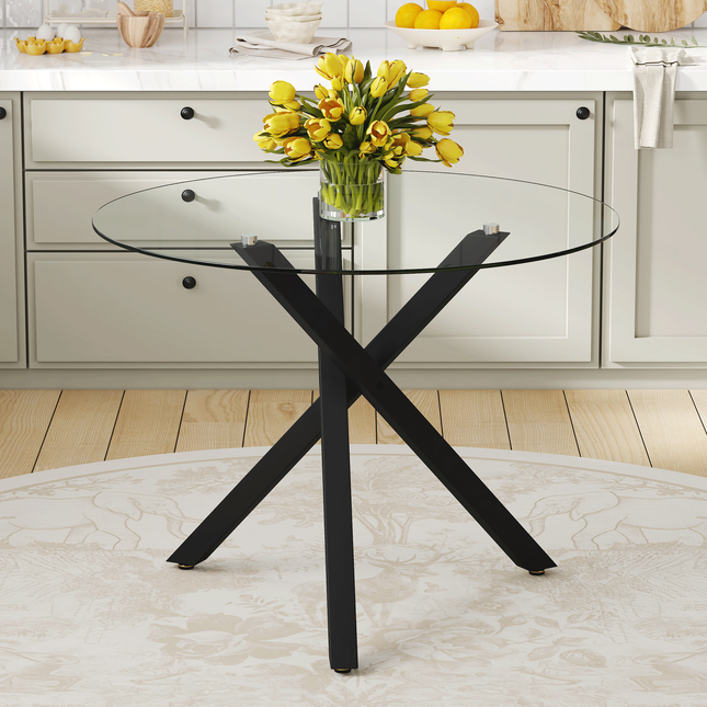 Round Glass Dining Table: 39' Diameter, 30' Height, X-Shaped Metal Frame, Perfect for Dining Room, Kitchen & Small Spaces, Stylish & Functional.