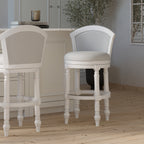 Emily 31' Wood Barrel-Back Bar Stool with Swivel and Upholstered Seat and Back, Farmhouse White with Light Gray Seat and Back