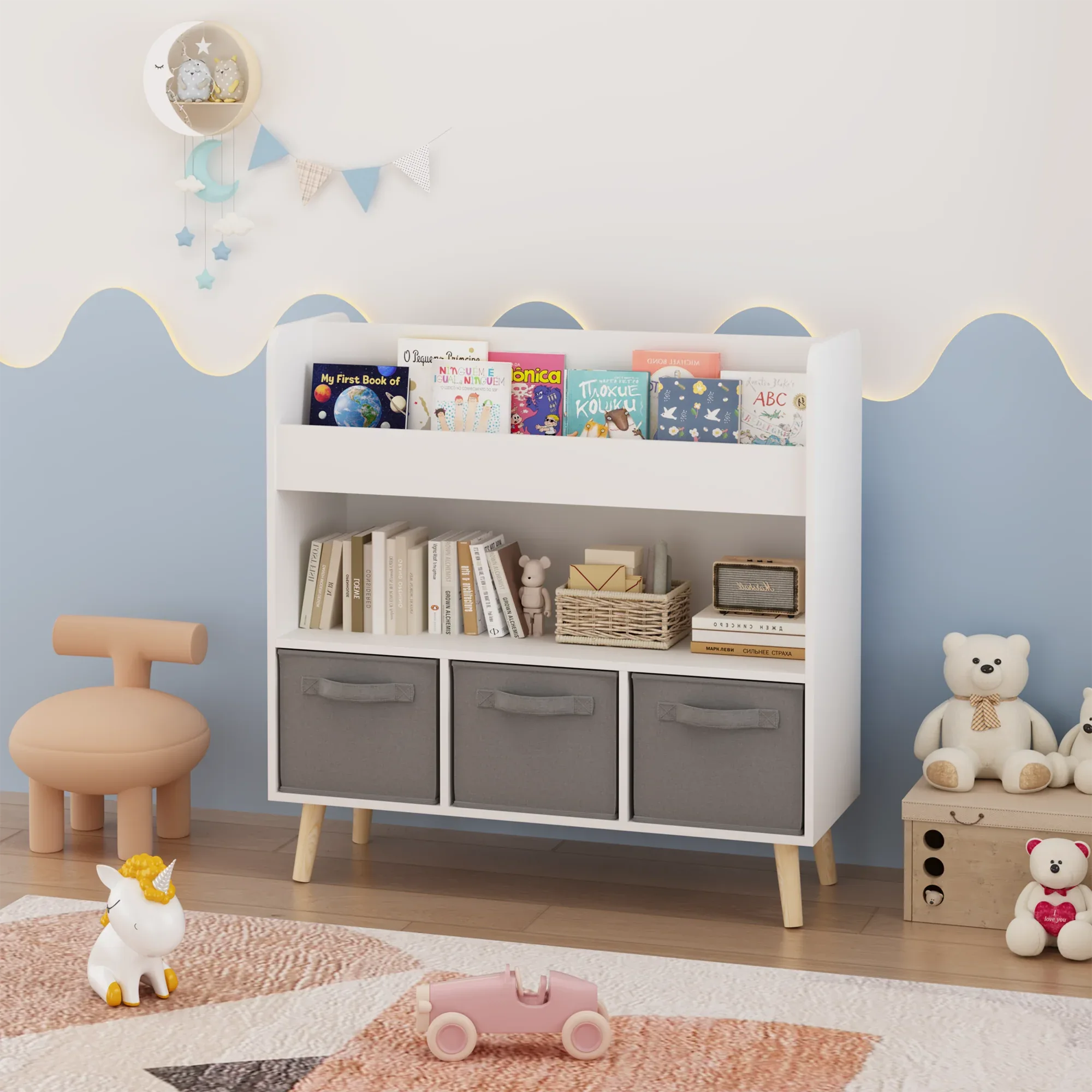 Modern Kids Bookshelf with 3 Fabric Bins, White and Gray Storage Shelf for Toys and Books, Ideal for Playroom, Bedroom, or Nursery - Eloy Royal