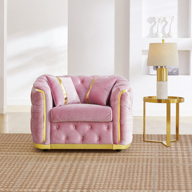 40.6 Inches Mid Century Modern Chesterfield 1-Seater Sofa, Luxury Velvet Pink and Gold Couch for Living Room Tufted Armchair with Stainless Steel Decoration & 2 Pillow, Pink