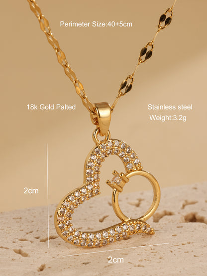 Japanese And Korean Full Diamond Heart-shaped Zircon Ring Pendant With Collarbone Chain, Minimalist And Niche Design Necklace