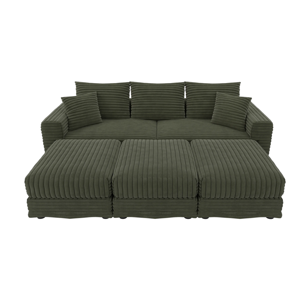 82.7 'Plush Corduroy 3-Seat Sofa,Modern Comfy Upholstered Sofa Cloud Couch,Deep Seat Couches with Soft Pillows and 3 Ottomans,Convertible Sofa Lounge Chair,Green - Eloy Royal