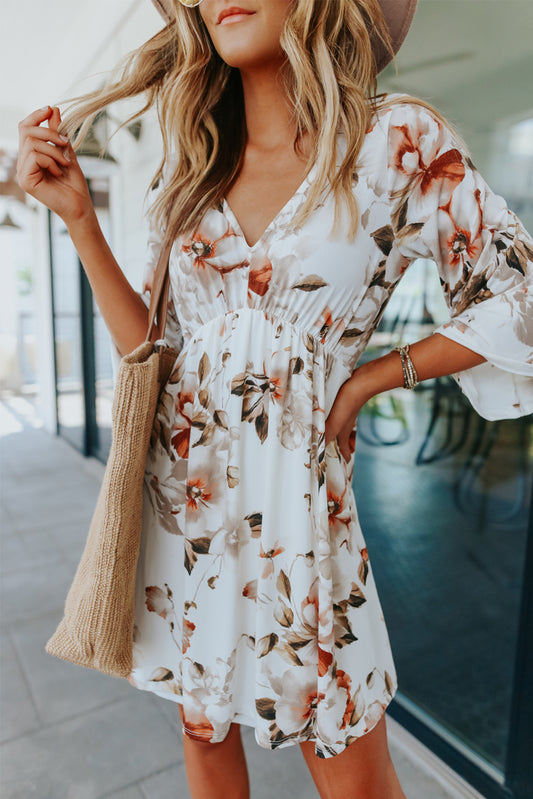 White Floral Print V Neck Flutter Half Sleeve Empire Waist Dress - Eloy Royal