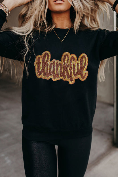 Black thankful Print Sequin Graphic Sweatshirt