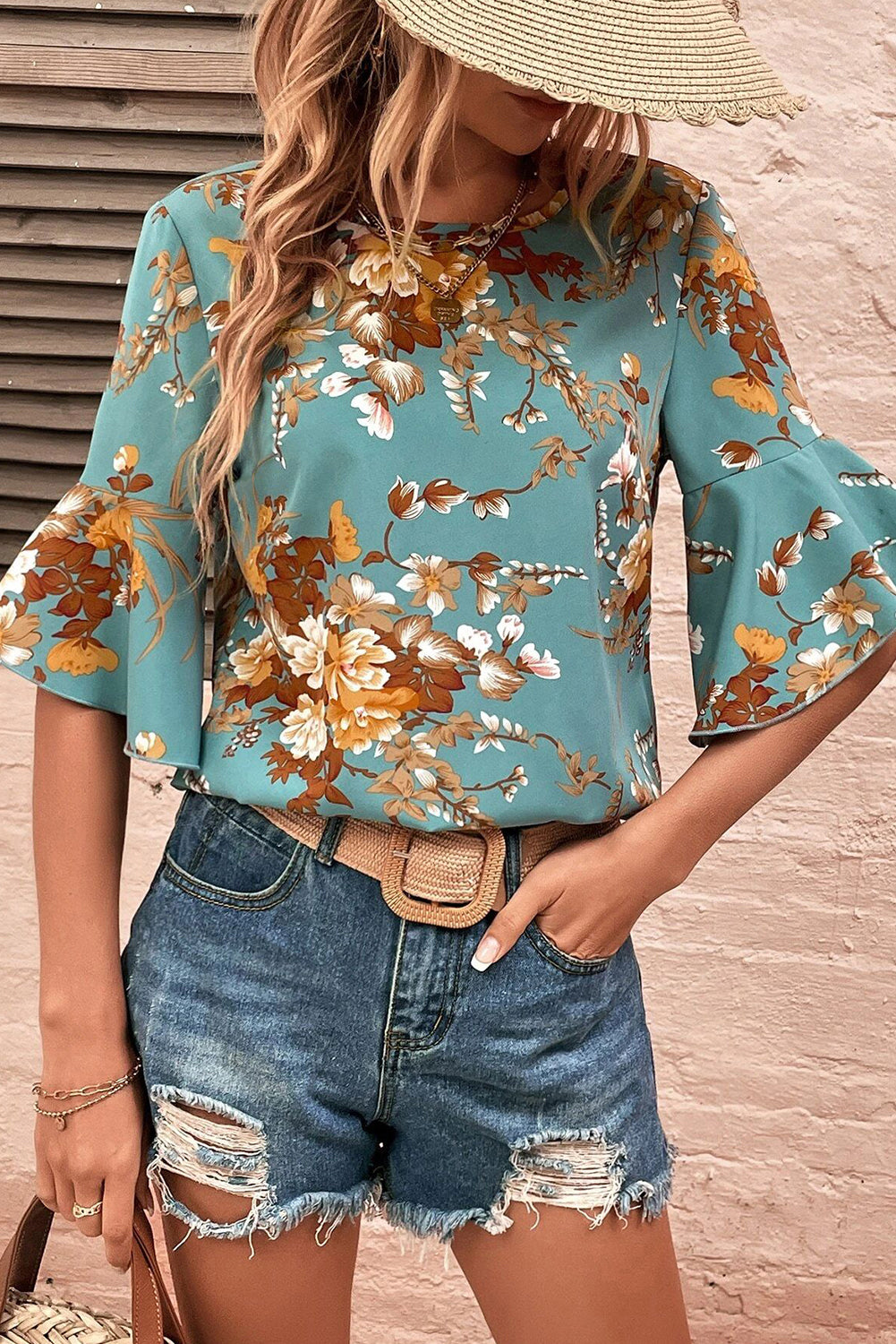 Mineral Blue Floral Print Round Neck Flounce Sleeve Blouse - Eloy Royal