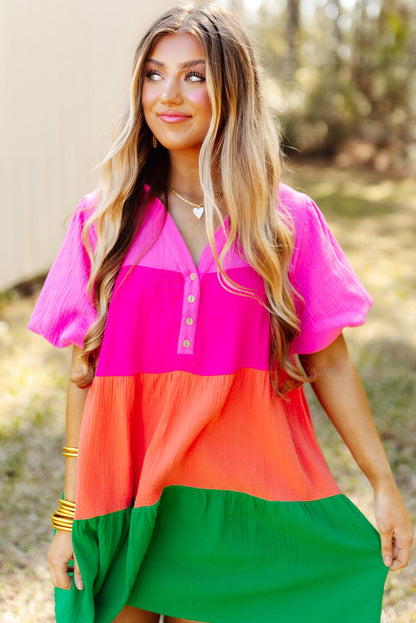 Multicolor Color Block Tiered Puff Sleeve Dress - Eloy Royal