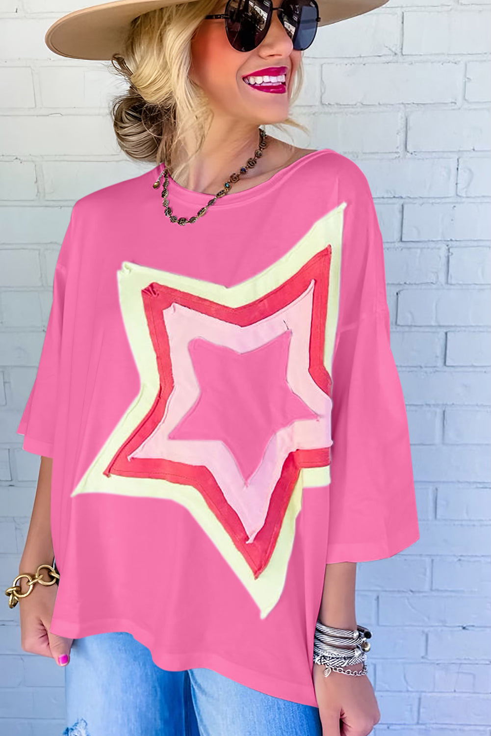 Light Pink Colorblock Star Patched Half Sleeve Oversized Tee - Eloy Royal