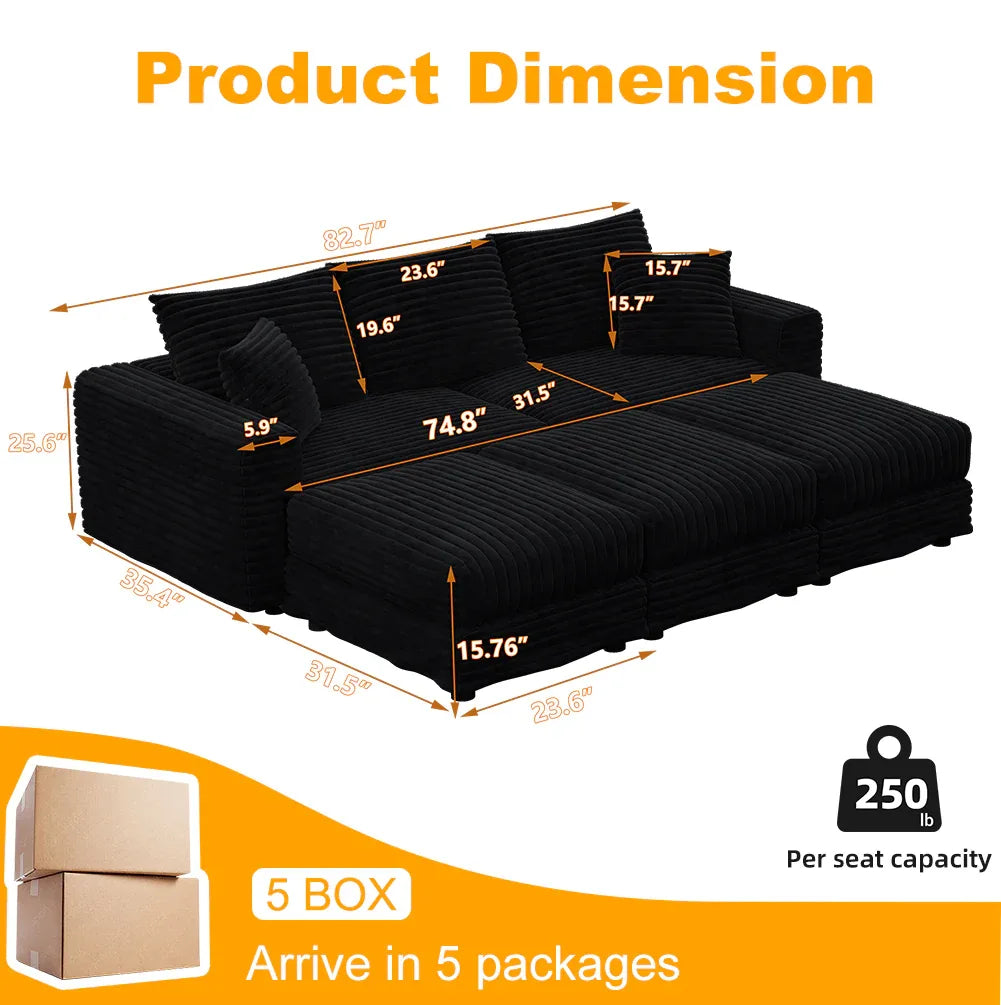 82.7 'Plush Corduroy 3-Seat Sofa,Modern Comfy Upholstered Sofa Cloud Couch,Deep Seat Couches with Soft Pillows and 3 Ottomans,Convertible Sofa Lounge Chair,Black - Eloy Royal