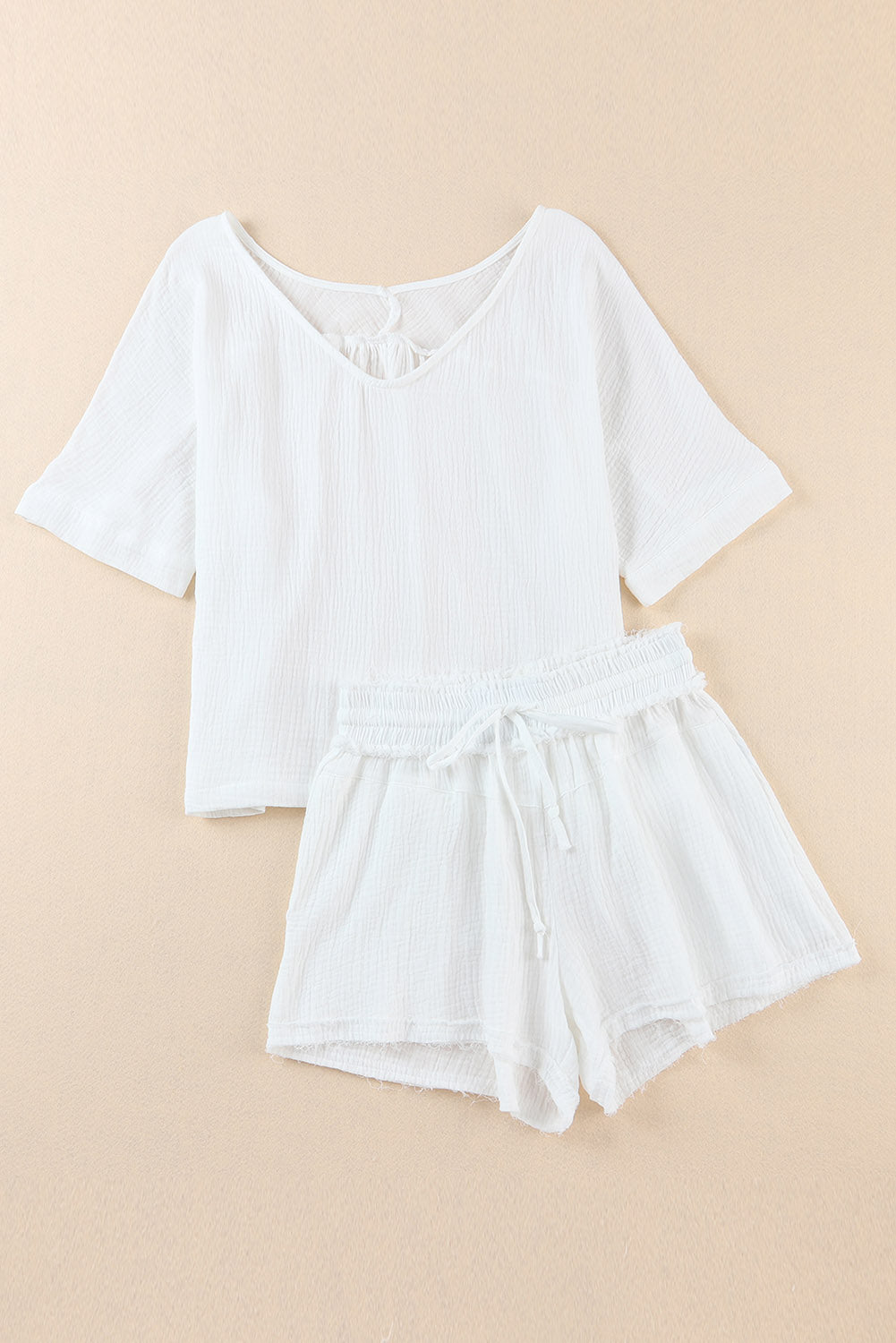 White Loose V Neck Blouse & Drawstring Raw Hem Shorts Set - Eloy Royal