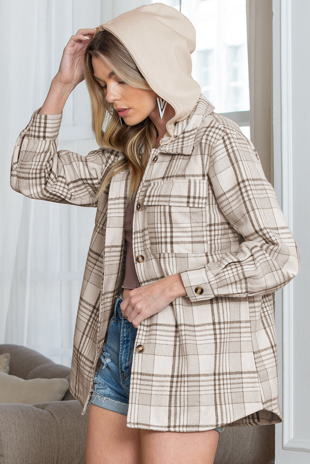 Khaki Plaid Removable Hooded Button Up Jacket - Eloy Royal