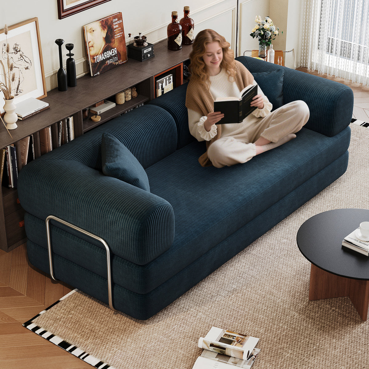 78.8' Compression Sofa,Convertible Floor Sofa Bed-with Pillow Back Support Armrest,Comfy Futon Couch Sleeper Bed,Loveseats Boneless Modular Sectional Sofa,Corduroy fabric,for Living Room,Bedroom,Blue