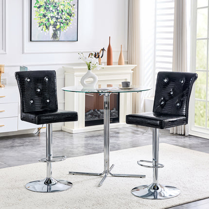 Modern Bar Table and Stools Set, Round Glass Top Pub Table with Silver Chrome Base & 2 Black Crocodile Embossed PU Leather Bar Stools with Adjustable Height & Swivel, Home Bar Bistro Set