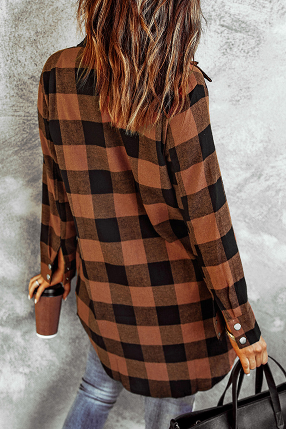 Wholesale Brown & Black Plaid Collared Botton Down Long Shirt Shacket - Eloy Royal