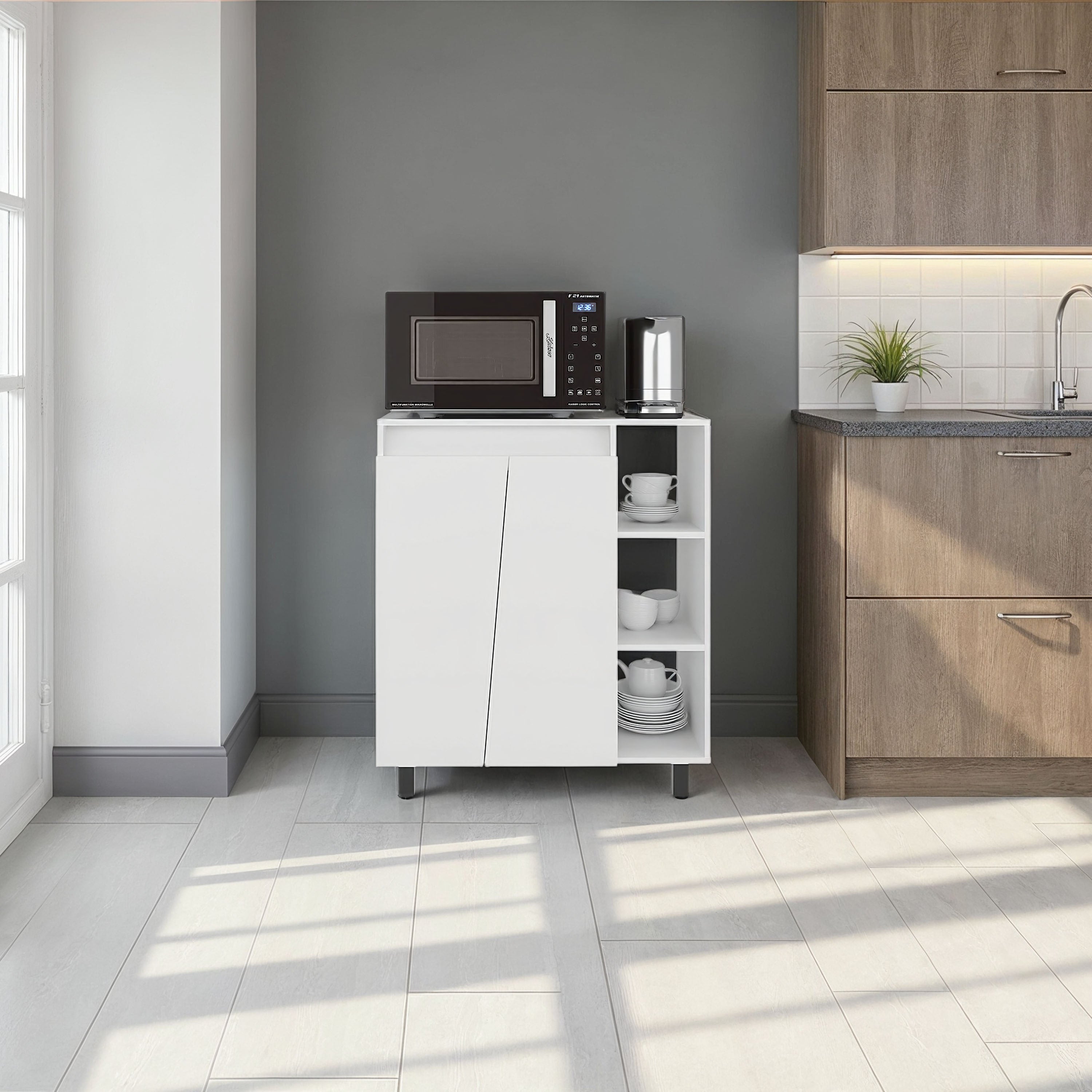 Hazen Microwave Stand with 1 Storage Cabinet, 5 Shelves and 2 Doors, White