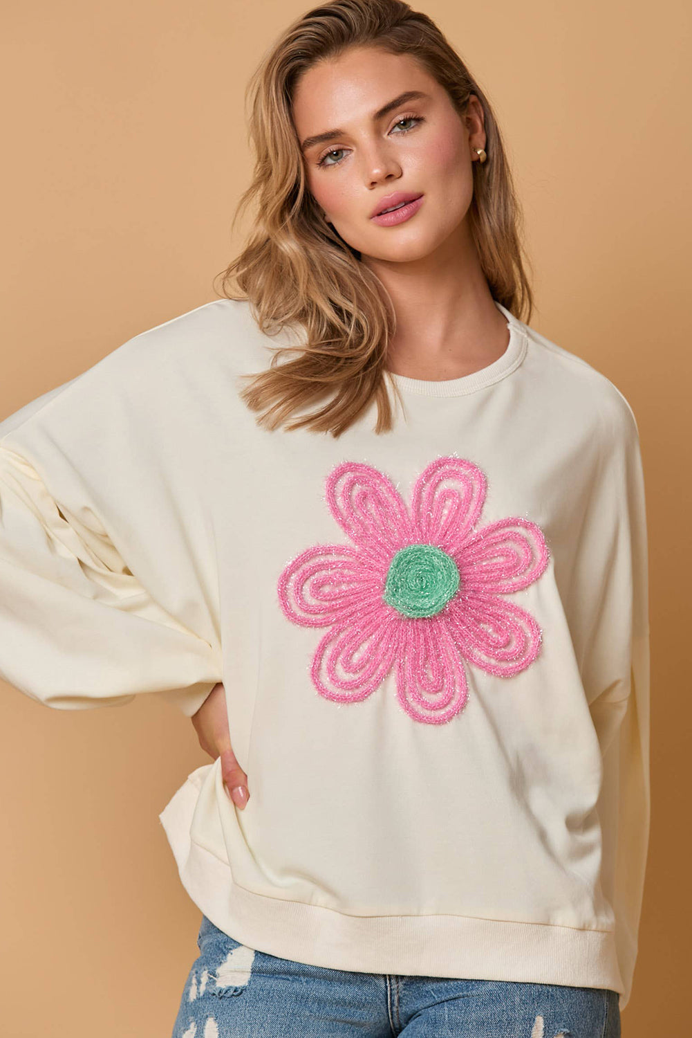 Beige Cute Tinsel Flower Puff Sleeve Sweatshirt