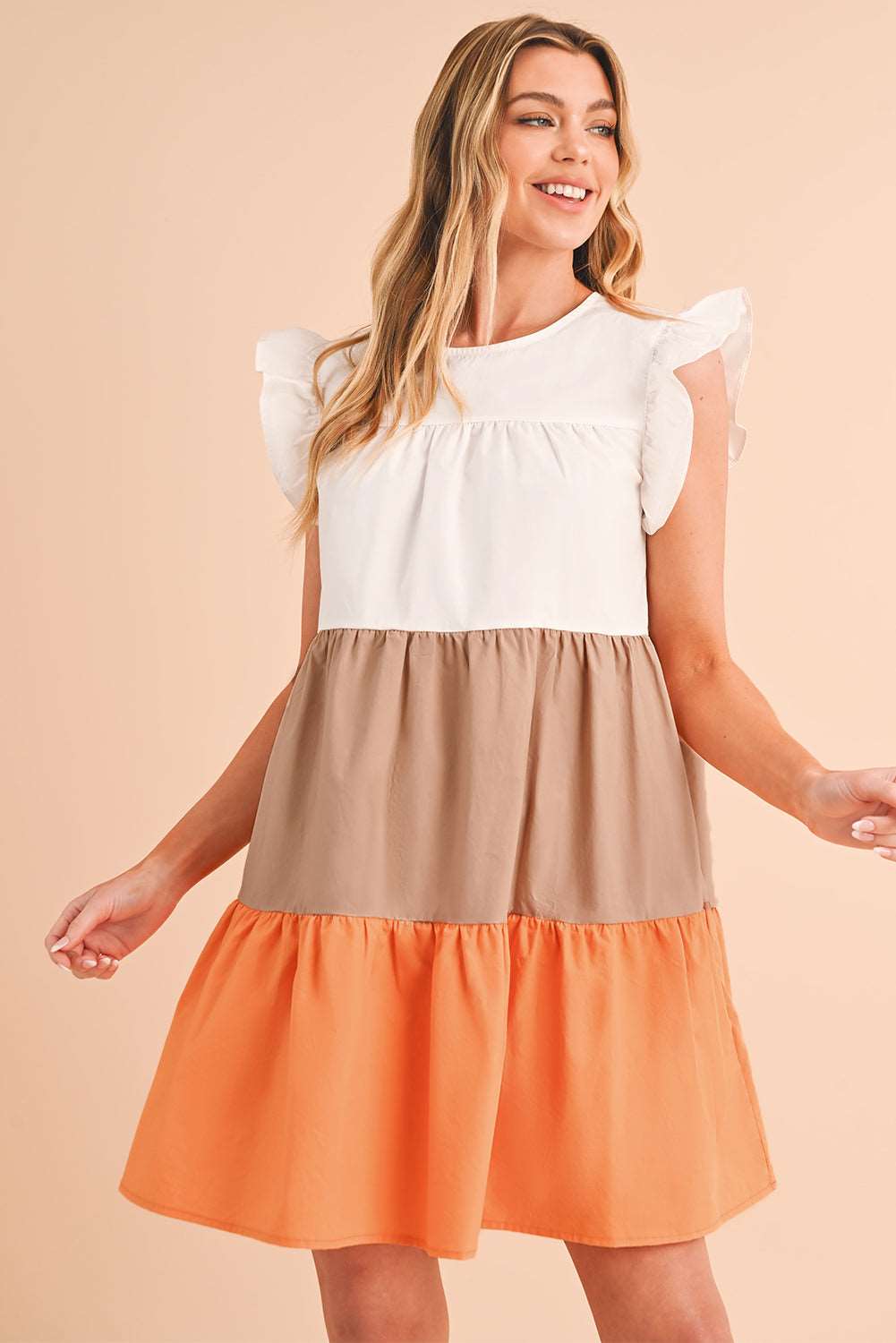 Apricot Ruffle Color Block Tiered Mini Dress