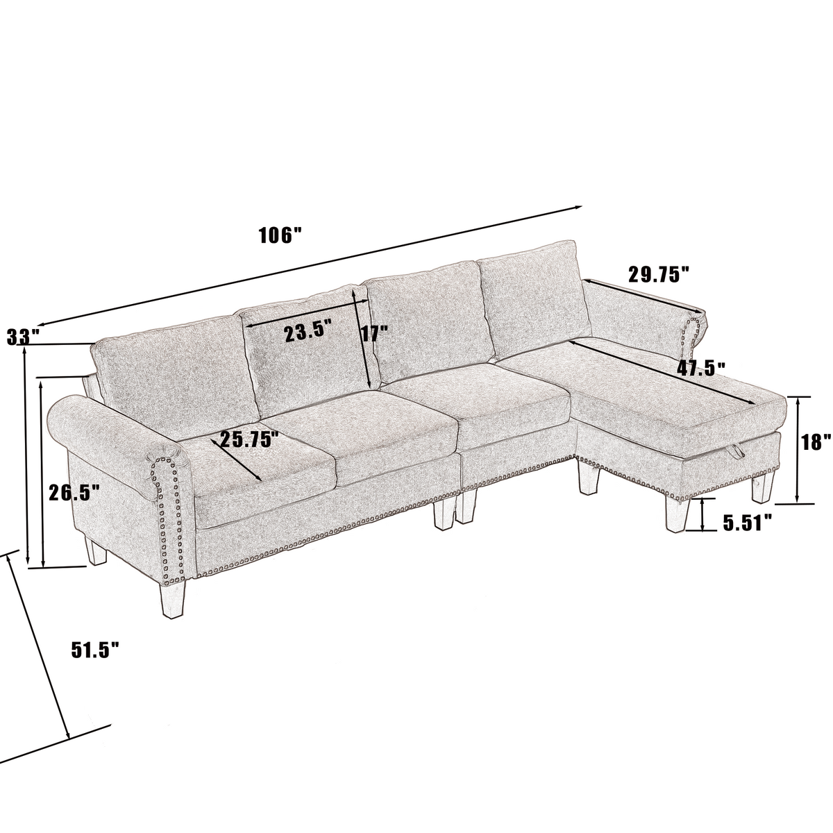 Brighton grey linen L-shaped sectional with storage ottoman, view 6