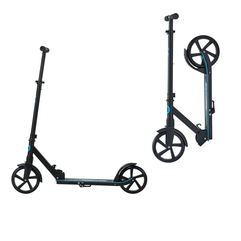Kick Scooter for Kids Ages 8+, Teens & Adults, 2-Wheel Toddler Scooter with Adjustable Height Handlebar, Wide Anti-Slip Deck, Foldable Lightweight for Boys & Girls up to 220 lbs, Black + Blue