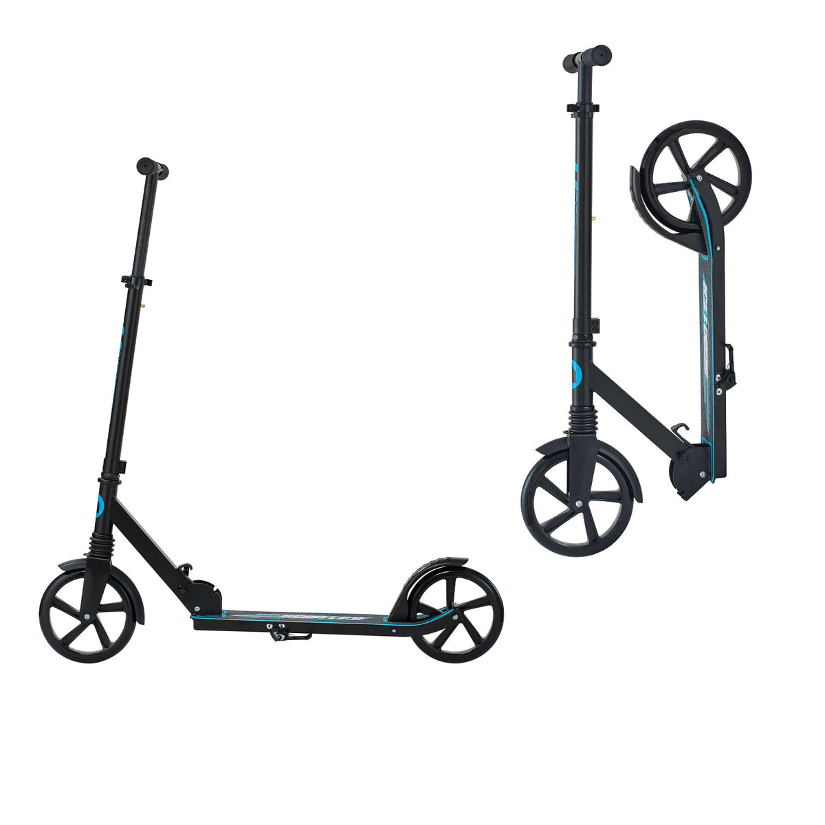 Kick Scooter for Kids Ages 8+, Teens & Adults, 2-Wheel Toddler Scooter with Adjustable Height Handlebar, Wide Anti-Slip Deck, Foldable Lightweight for Boys & Girls up to 220 lbs, Black + Blue