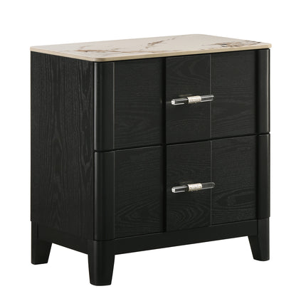 Opel Modern Nightstand in Black with Sintered Stone Top, Velvet-Lined Drawers and Acrylic Bar Pulls