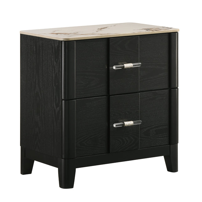 Opel Modern Nightstand in Black with Sintered Stone Top, Velvet-Lined Drawers and Acrylic Bar Pulls