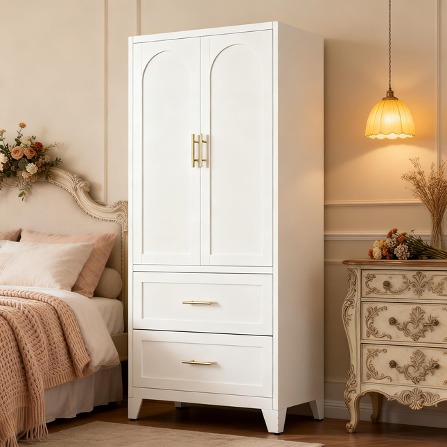 71 in Tall Metal Wardrobe Cabinet with 2 Drawers and Hanging Rod