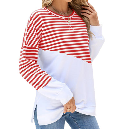 Striped Printed Long Sleeve T Shirt Fashion Casual Round Neck Pullover Split Design Women's Clothing