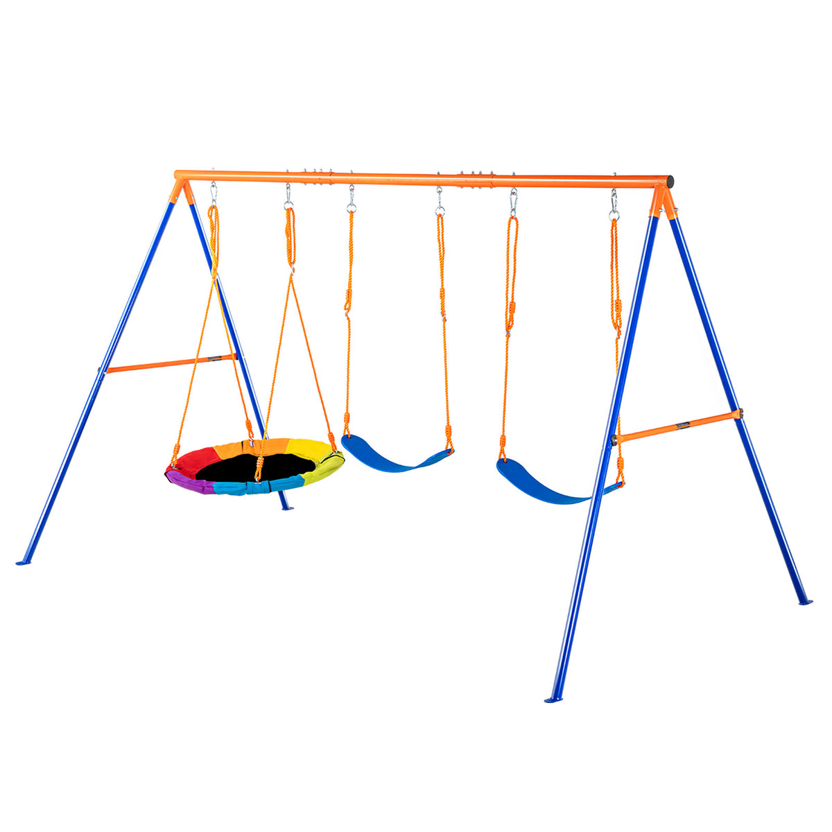 Swing Sets for Backyard, 600lbs Load Capacity Swing Set, with 1 Saucer Swing Seat, 2 Belt Swing Seats, Heavy Duty A-Frame Metal Swing Stand and Adjustable Rope, Swingset Outdoor for Kids