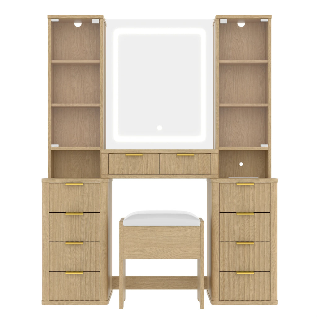 43.5' Fluted Makeup Vanity Desk with Mirror and Lights, Modern Glass Top Vanity Table with 10 Drawers & 2 Transparent Glass Cabinets, Dressing Table Set with Stool and Charging Station, Oak - Eloy Royal