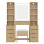 43.5' Fluted Makeup Vanity Desk with Mirror and Lights, Modern Glass Top Vanity Table with 10 Drawers & 2 Transparent Glass Cabinets, Dressing Table Set with Stool and Charging Station, Oak - Eloy Royal