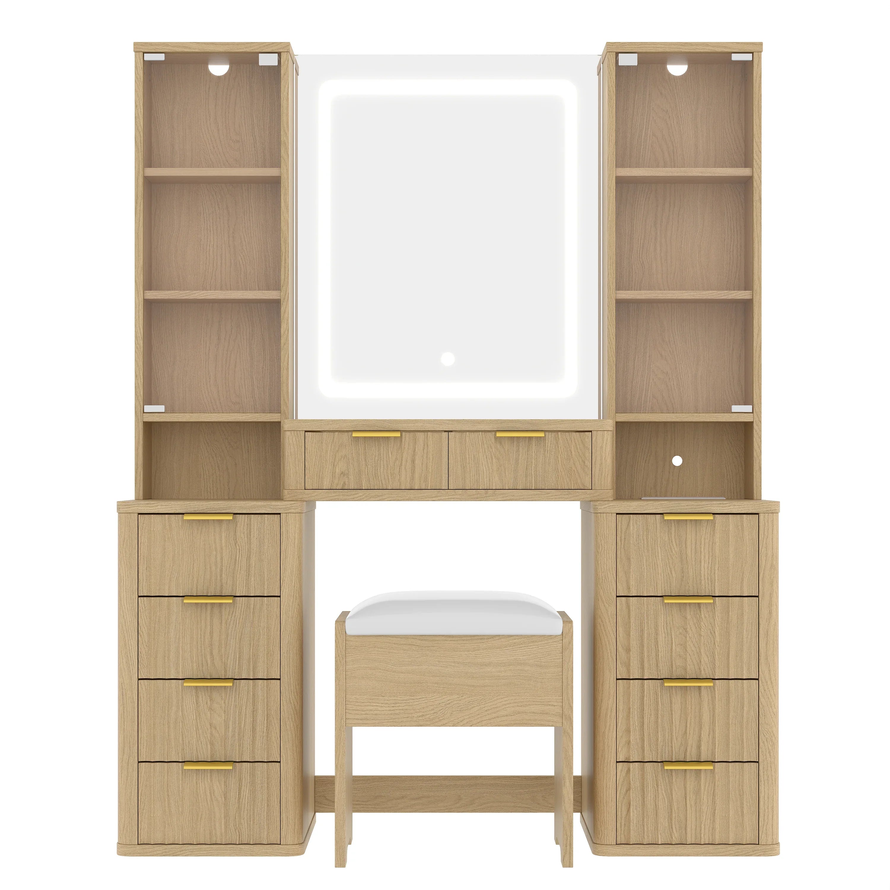 43.5' Fluted Makeup Vanity Desk with Mirror and Lights, Modern Glass Top Vanity Table with 10 Drawers & 2 Transparent Glass Cabinets, Dressing Table Set with Stool and Charging Station, Oak - Eloy Royal