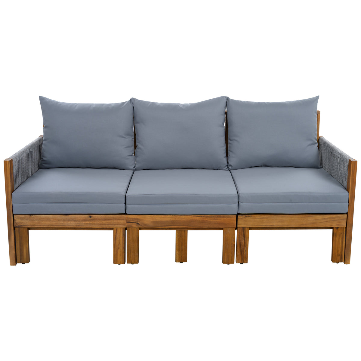 Outdoor Daybed Patio Sofa Bed 3 Seat Patio Sunbed with Natural Wood Frame and Grey Waterproof Cushions