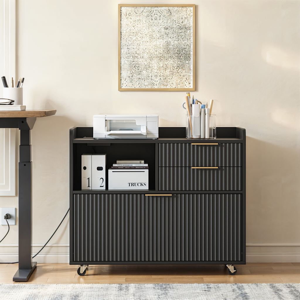 Mobile Office File Cabinet with Charging Station & Multi Drawers, Open Storage Compartment, for Home & Office Use,Black
