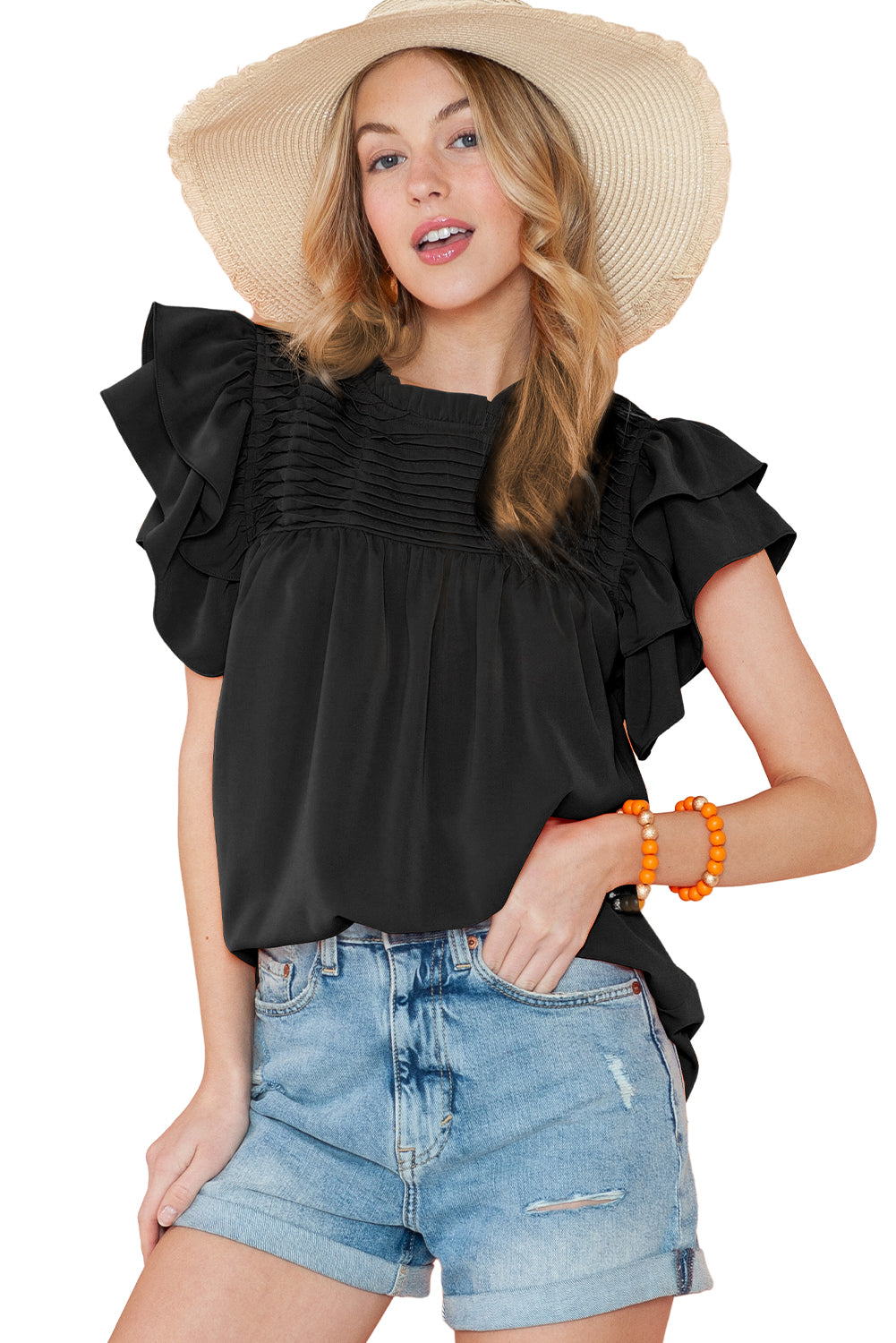 Grapefruit Orange Ruched Frilled Neck Ruffle Blouse - Eloy Royal