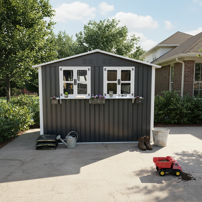 6x9 FT Outdoor Metal Storage Shed with Window & Flower Rack, Lockable Double Doors Tool Shed, Waterproof Weatherproof Garden Shed for Backyard Patio, Gray