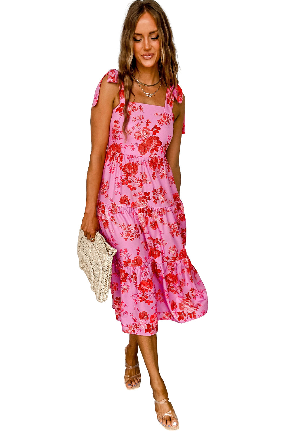 Pink Tie Shoulder Straps Tiered Floral Dress - Eloy Royal