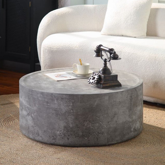 31.5' Round Coffee Table with Faux Concrete Finish for Living Room, Modern Drum Circle Coffee Table for Living Room, No Need Assembly (Concrete Gray)
