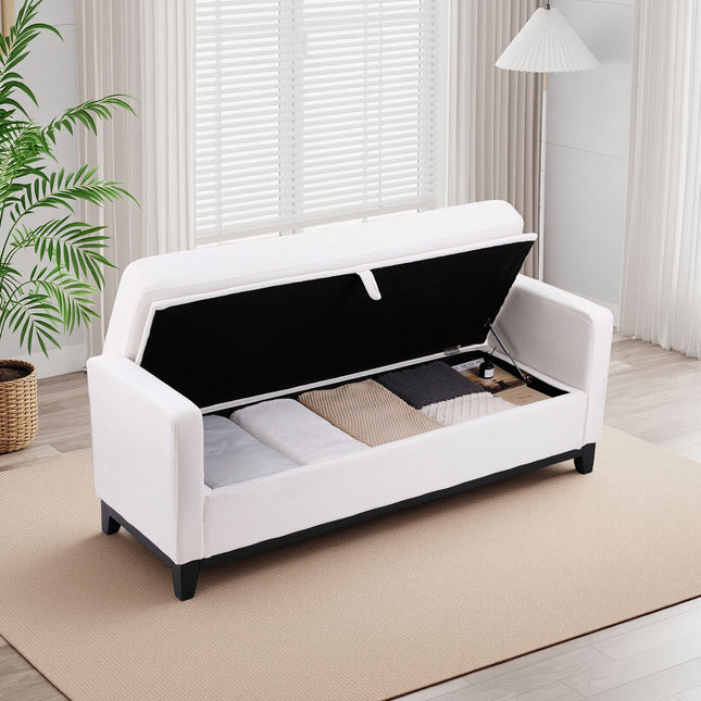 66 Inch Beige Sherpa Storage Bench with Solid Wood Legs & 2 Bolster Pillows, Multifunctional End of Bed Bench for Bedroom, Living Room, Entryway