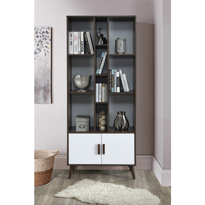 75' Faux Wood Bookshelves with 10 Open Shelves, 1 Cabinet Bookcase, Walnut/White