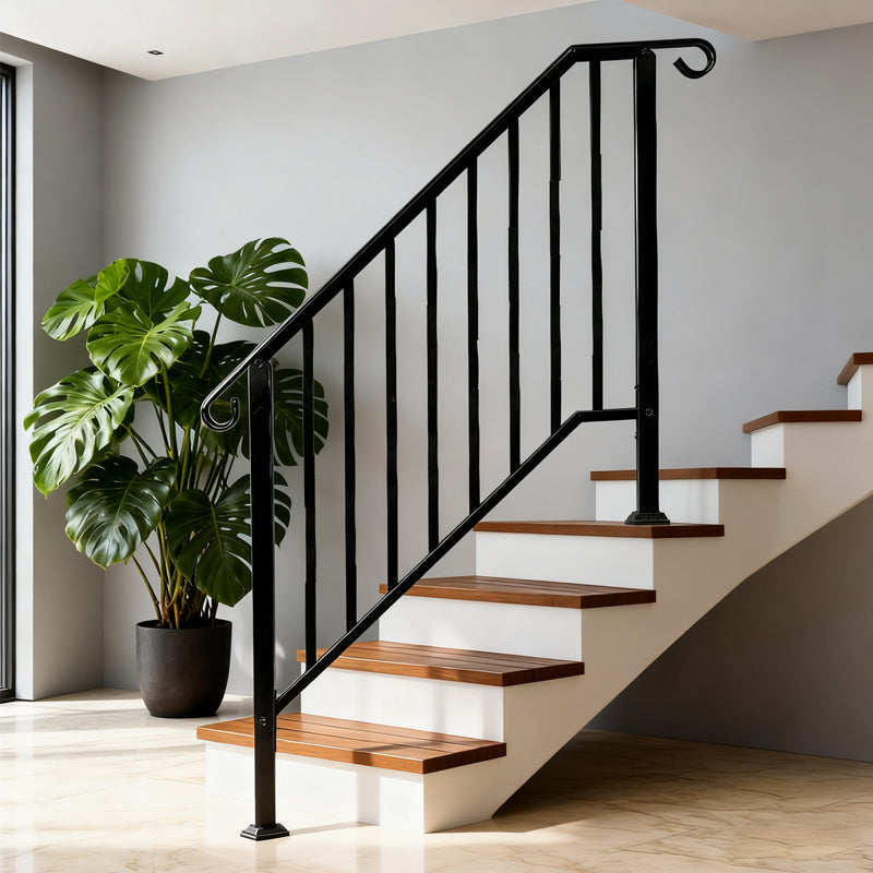 4 Step Galvanized Steel Hand Rails for Outdoor Steps – Curved Ends and Safety Balusters Exterior Railing for Porch, Deck, or Indoor Stairs, Complete Installation Kit