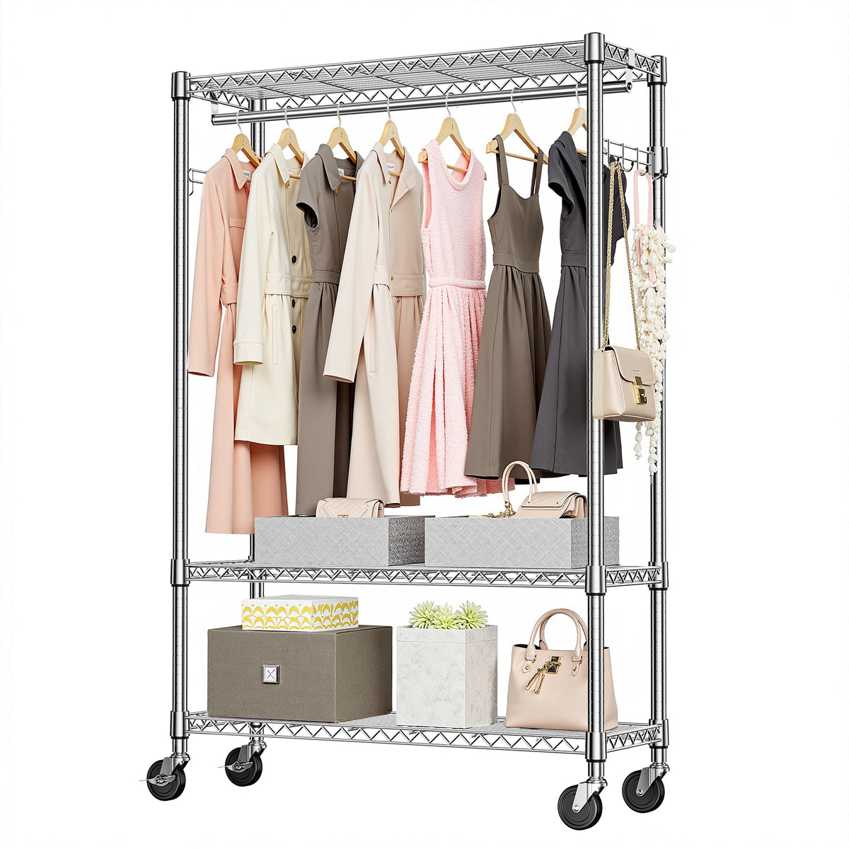 Heavy Duty Garment Rack on Wheels, Rolling Freestanding Closet Organizer and Clothes Rack for Hanging Clothes with 1 Hang Rod, Adjustable Metal Wardrobe, 15.7' D x 45.3' W x 75.6' H, Chrome