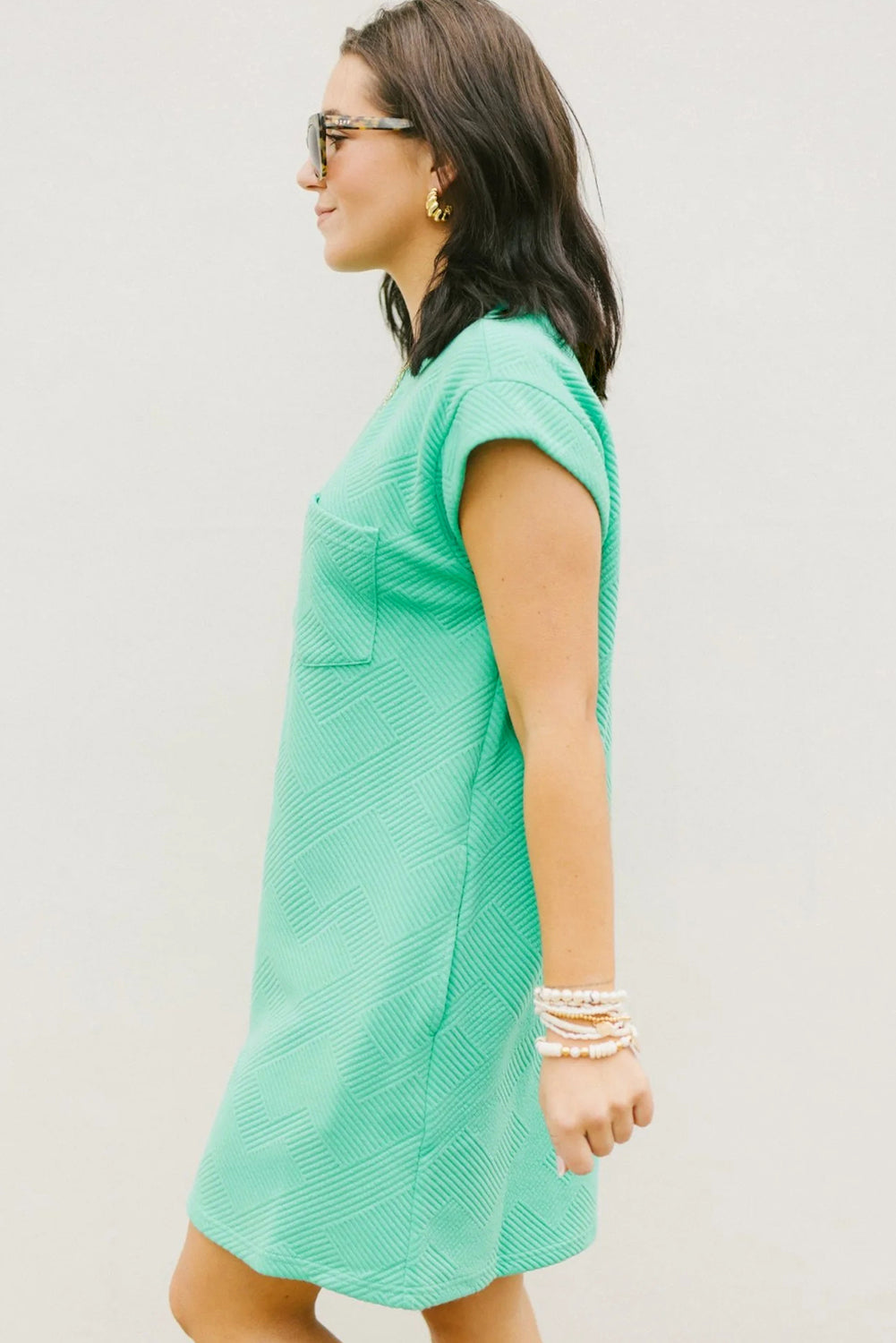 Mint Green Plain Textured Pocketed Mini Dress - Eloy Royal