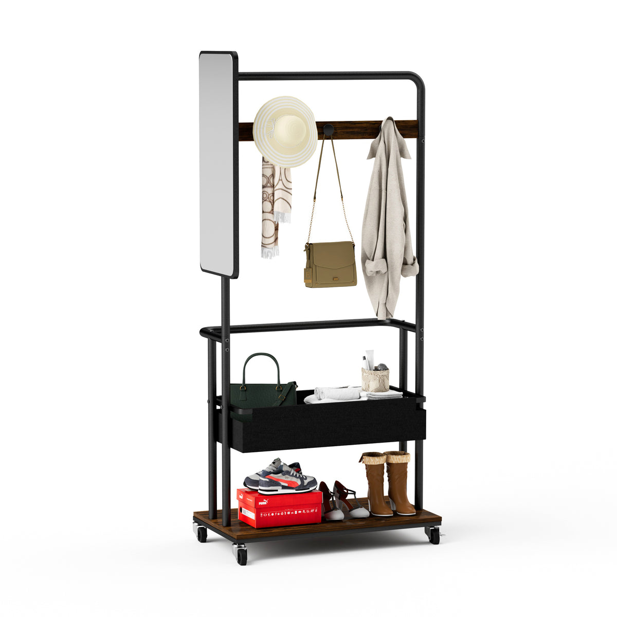 Sturdy metal coat rack with casters, 3-in-1 design, includes a basket and mirror, hanging coat rack, mobile coat rack with casters, large storage capacity,Rustic Brown and Black, 27.6″L x15.7'W x 67'H